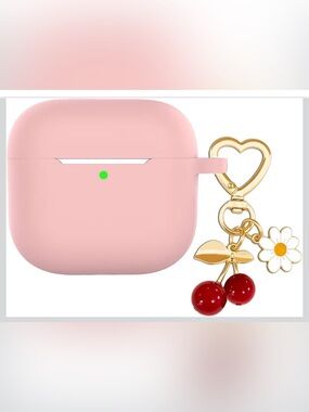Pink Silicone AirPods 4 Case with Gold Cherry Charm